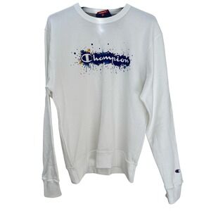 New! Champion Women's White And Blue Classic Crewneck‎ Sweatshirt - Medium
